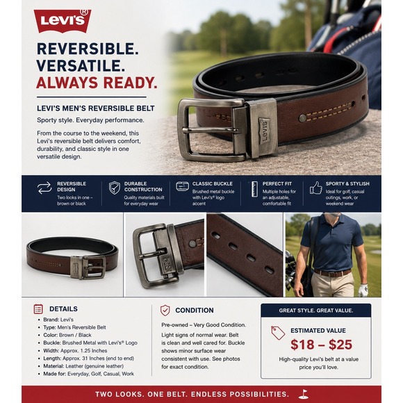 Levis Other - Levi's Men's Brown & Black Reversible Belt Brushed Metal Buckle 1.25" x 31"